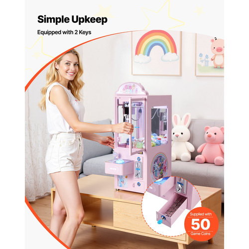 Μηχανή γερανού VEVOR Claw, μεσαίου μεγέθους μηχανή παιχνιδιών arcade με φως και ήχο, ρυθμιζόμενες ατσάλινες δαγκάνες, ακριβές παιχνίδι καραμελών, διανομέας βραβείων, για εμπορικά πάρτι στο σπίτι, κινηματογράφος, ροζ