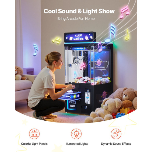 Μηχανή γερανού VEVOR Claw, μεσαίου μεγέθους μηχανή παιχνιδιών Arcade με φως και ήχο, ρυθμιζόμενες ατσάλινες δαγκάνες, ακριβές παιχνίδι καραμελών, διανομέας βραβείων, για επαγγελματικό οικιακό κινηματογράφο, μαύρο μωβ