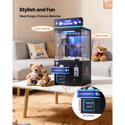 Μηχανή γερανού VEVOR Claw, μεσαίου μεγέθους μηχανή παιχνιδιών Arcade με φως και ήχο, ρυθμιζόμενες ατσάλινες δαγκάνες, ακριβές παιχνίδι καραμελών, διανομέας βραβείων, για επαγγελματικό οικιακό κινηματογράφο, μαύρο μωβ