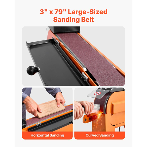 Τριβείο με ιμάντα VEVOR 76mm x 2007 mm, 2100W 900RPM Βιομηχανικής ποιότητας, με ρυθμιζόμενη γωνία 0° - 45° και θύρα συλλογής σκόνης για επαγγελματική ξυλουργική και μεταλλουργία