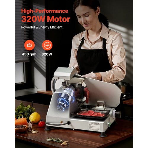 VEVOR Επαγγελματικός Κόφτης Κρέατος, Ηλεκτρικός Κόφτης Deli 320W με Κοφτερή Λεπίδα 250 mm, Κόφτης Κρέατος με Ταχύτητα Κοπής 450 Σ.Α.Λ., Ρυθμιζόμενο Πάχος 0-10 mm, για Κατεψυγμένο Κρέας, Ζαμπόν, Μπαγκέτα & Μοσχάρι