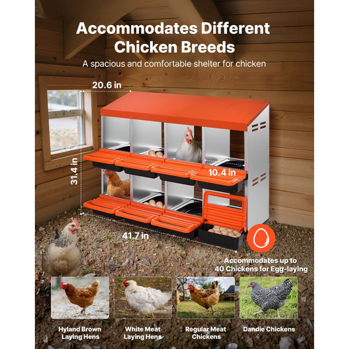 VEVOR Κουτιά φωλιάς κοτόπουλων 2 επιπέδων, 8 διαμερίσματα, μεταλλικά κουτιά ωοτοκίας αυγών με προστατευτικά καπάκια συλλογής, τυλιγόμενο κουτί φωλιάς, εύκολο στη συναρμολόγηση, ιδανικό για κότες, πάπιες, κοτόπουλα και άλλα πουλερικά