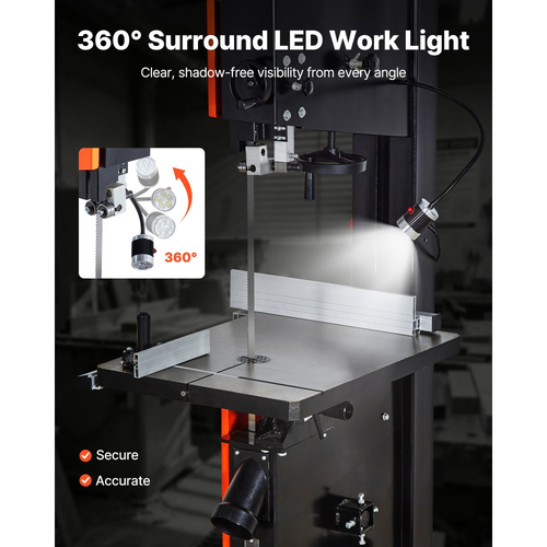 Πριονοκορδέλα VEVOR για ξυλουργική, 457 mm, Πριονοκορδέλα με κινητήρα 2240W 3HP, μέγιστο ύψος κοπής 406 mm, τραπέζι από χυτοσίδηρο 690 x 510 mm, με φως εργασίας 360°, μετρητή γωνιακής κλίσης, περίφραξη, πριονοκορδέλα για ξυλουργική