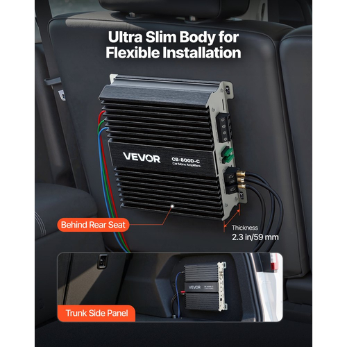 Ενισχυτής αυτοκινήτου VEVOR Monoblock, 800W RMS MAX, σταθερός 1/2/4 Ohm, ενισχυτής αυτοκινήτου κατηγορίας D 1 καναλιού με τηλεχειριστήριο ελέγχου στάθμης Subwoofer, φίλτρο χαμηλών συχνοτήτων, ενίσχυση μπάσων και μετατόπιση φάσης, ρυθμιστή έντασης ήχου