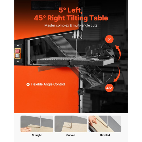 Πριονοκορδέλα VEVOR, 229 mm, Πριονοκορδέλα πάγκου για ξυλουργική με κινητήρα 373W 1/2 HP, μέγιστο ύψος κοπής 90 mm, τραπέζι από χυτό αλουμίνιο 300 x 300 mm, εύρος κλίσης 0-45°, με μετρητή γωνιακής κλίσης, περίφραξη, για ξυλουργική