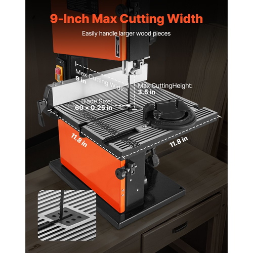 Πριονοκορδέλα VEVOR, 229 mm, Πριονοκορδέλα πάγκου για ξυλουργική με κινητήρα 373W 1/2 HP, μέγιστο ύψος κοπής 90 mm, τραπέζι από χυτό αλουμίνιο 300 x 300 mm, εύρος κλίσης 0-45°, με μετρητή γωνιακής κλίσης, περίφραξη, για ξυλουργική