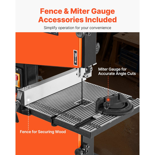 Πριονοκορδέλα VEVOR, 229 mm, Πριονοκορδέλα πάγκου για ξυλουργική με κινητήρα 373W 1/2 HP, μέγιστο ύψος κοπής 90 mm, τραπέζι από χυτό αλουμίνιο 300 x 300 mm, εύρος κλίσης 0-45°, με μετρητή γωνιακής κλίσης, περίφραξη, για ξυλουργική