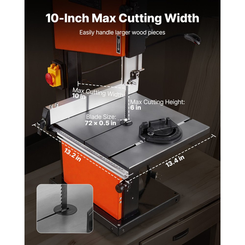 Πριονοκορδέλα VEVOR, 254 mm, Πριονοκορδέλα δύο ταχυτήτων πάγκου με κινητήρα 373W 1/2 HP, μέγιστο ύψος κοπής 160 mm, τραπέζι από χυτοσίδηρο 335 x 340 mm, με φως εργασίας 360°, μετρητή γωνιακής κλίσης, περίφραξη, πριονοκορδέλα για ξυλουργική
