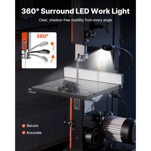 Πριονοκορδέλα VEVOR, 254 mm, Πριονοκορδέλα δύο ταχυτήτων πάγκου με κινητήρα 373W 1/2 HP, μέγιστο ύψος κοπής 160 mm, τραπέζι από χυτοσίδηρο 335 x 340 mm, με φως εργασίας 360°, μετρητή γωνιακής κλίσης, περίφραξη, πριονοκορδέλα για ξυλουργική