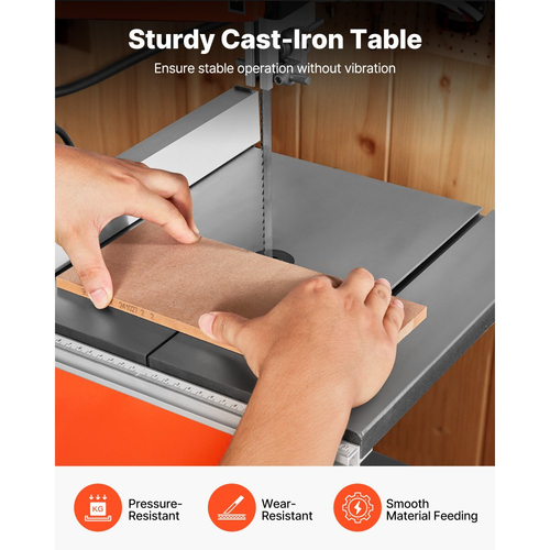 Πριονοκορδέλα VEVOR, 254 mm, Πριονοκορδέλα δύο ταχυτήτων πάγκου με κινητήρα 373W 1/2 HP, μέγιστο ύψος κοπής 160 mm, τραπέζι από χυτοσίδηρο 335 x 340 mm, με φως εργασίας 360°, μετρητή γωνιακής κλίσης, περίφραξη, πριονοκορδέλα για ξυλουργική