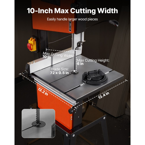 Πριονοκορδέλα VEVOR με βάση, 254 mm, Πριονοκορδέλα δύο ταχυτήτων πάγκου, 373W 1/2 HP, μέγιστο ύψος κοπής 160 mm, τραπέζι από χυτοσίδηρο 335 x 340 mm, με φως εργασίας 360°, μετρητή γωνιακής κλίσης, περίφραξη, πριονοκορδέλα για ξυλουργική