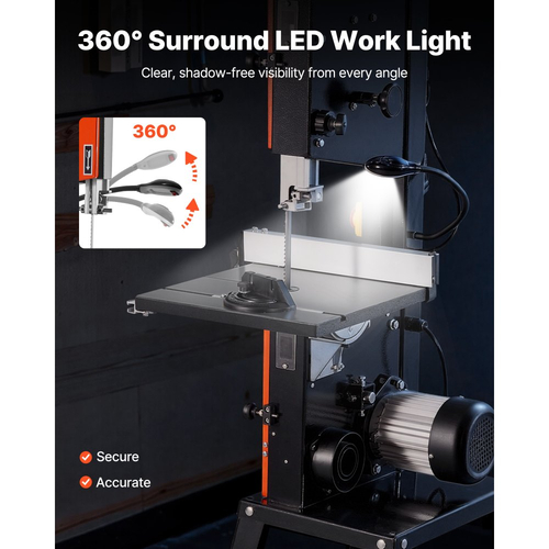 Πριονοκορδέλα VEVOR με βάση, 254 mm, Πριονοκορδέλα δύο ταχυτήτων πάγκου, 373W 1/2 HP, μέγιστο ύψος κοπής 160 mm, τραπέζι από χυτοσίδηρο 335 x 340 mm, με φως εργασίας 360°, μετρητή γωνιακής κλίσης, περίφραξη, πριονοκορδέλα για ξυλουργική