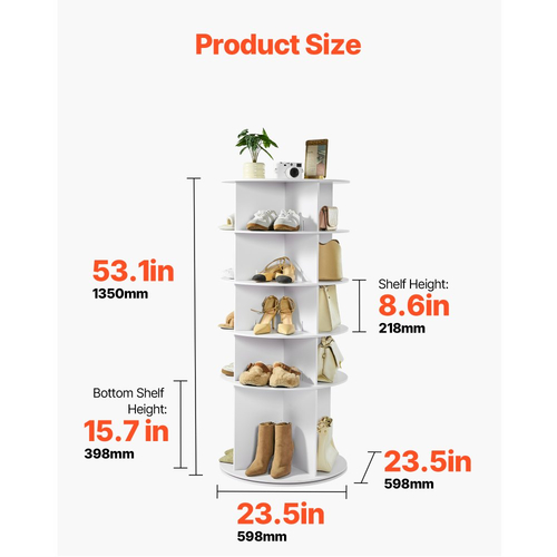 VEVOR 5 επιπέδων περιστρεφόμενος πύργος παπουτσιών, περιστρεφόμενη παπουτσοθήκη 360°, περιστρεφόμενη στρογγυλή καρουζέλ αποθήκευσης, ανεξάρτητη οργανωτική βιτρίνα Lazy Susan για υπνοδωμάτιο, σαλόνι, είσοδο, ντουλάπα, λευκό