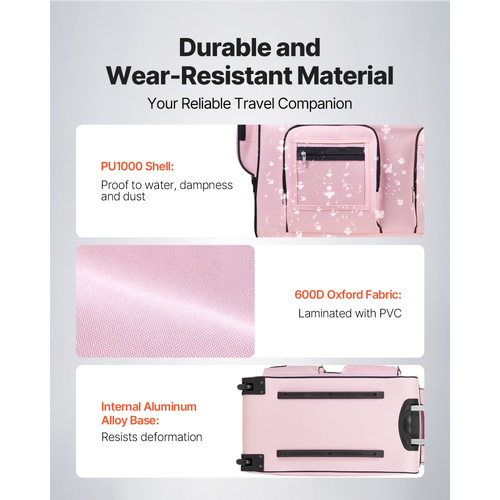 Τσάντα χορού VEVOR με βάση ρούχων, κυλιόμενος σάκος χορού 736,6 mm, με ρόδες, θύρα USB, ρυθμιζόμενο ύψος βάσης ρούχων, κουρτίνα προστασίας απορρήτου, ιδανική για ταξίδια και διαγωνισμούς, ματ ροζ