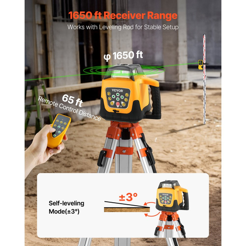 Κιτ περιστροφικού λέιζερ VEVOR, με τρίποδο + μετρητή σταδίου, πράσινη δέσμη, εμβέλεια 500 μέτρων, ρυθμιζόμενη κλίση 360 μοιρών, ευέλικτη γωνία σάρωσης, ακριβής θήκη μεταφοράς με δέκτη τηλεχειριστηρίου