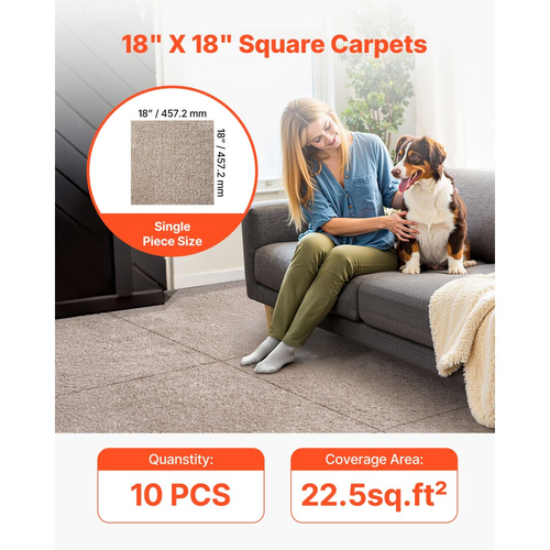 Πλακάκια χαλιού VEVOR 457x457 mm, Τετράγωνο χαλί 10 τετράγωνων τετράγωνων χαλιών, αποσπώμενο και χωρίς φθορές, αυτοκόλλητο δάπεδο σπιτιού με μαλακή επένδυση για κάλυψη 2,1㎡, εύκολο DIY για σαλόνι και υπνοδωμάτιο, ανοιχτό καφέ