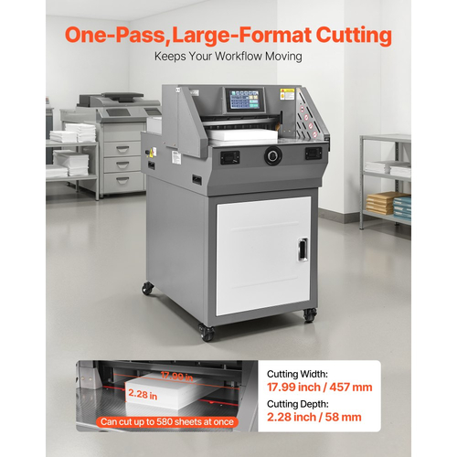 Ηλεκτρικός κόφτης χαρτιού VEVOR, Προγραμματιζόμενο μηχάνημα κοπής χαρτιού μετάλλου, πλάτος κοπής 457 mm, πάχος κοπής 58 mm, ηλεκτρικό υδραυλικό κοπτικό γκιλοτίνας με λειτουργία υπερύθρων και εφεδρική λεπίδα