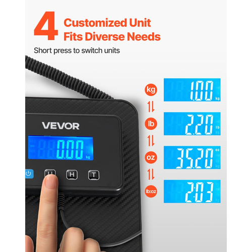 Ψηφιακή ζυγαριά VEVOR, διπλής ακρίβειας 10 g/100 g, επαγγελματική ζυγαριά βάρους 200 kg με λειτουργία συγκράτησης/απόβαρου και οθόνη LCD, κατάλληλη για δέματα, γραμματόσημα, αποσκευές, μπαταρία και καλώδιο φόρτισης.