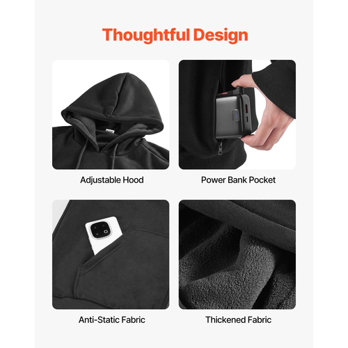 Θερμαινόμενη μπλούζα με κουκούλα VEVOR για άνδρες και γυναίκες, θερμαινόμενο μπουφάν Unisex με επαναφορτιζόμενη μπαταρία 7.4V 16000mAh, 5 ζώνες θέρμανσης, 3 επίπεδα θερμοκρασίας, ζεστασιά 4-8 ωρών, για χειμερινή κατασκήνωση σε εξωτερικούς χώρους, μαύρο