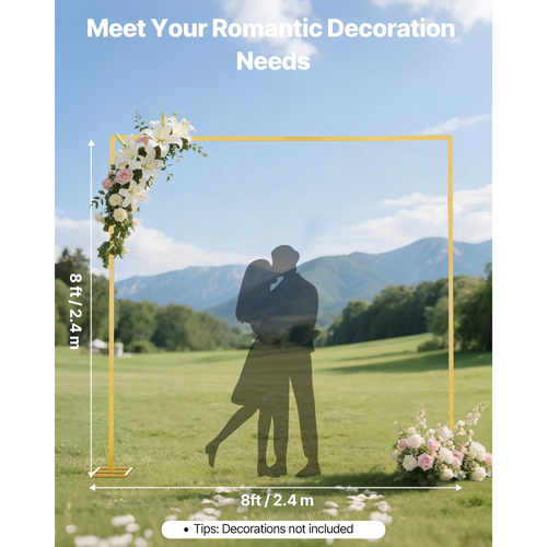 Βάση Αψίδας VEVOR, 2,4 x 2,4 μ., Σταθερή Δομή, Εύκολη Συναρμολόγηση, Τετράγωνη Χρυσή Μεταλλική Βάση Αψίδας για Γάμο, Πάρτι Γενεθλίων, Αποφοίτηση, Διακόσμηση Εορτών και Τελετών