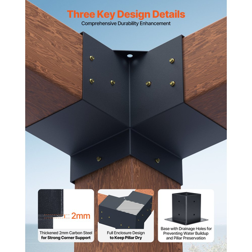 Κιτ βάσης πέργκολας VEVOR, 4x4 ίντσες (εσωτερικό μέγεθος 92 x 92 mm), 4 τεμάχια 3-way βαρέως τύπου γωνιακή βάση, κιτ βάσης στύλου DIY από ξύλο, εύκολη εγκατάσταση ξύλινων δοκών για κιόσκια, πέργκολες βεράντας, ξύλινη καμπίνα