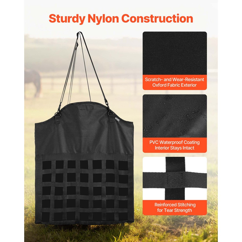 Τσάντα σανού VEVOR για άλογα, 55 x 18,5 x 64 cm, τρύπες 46 x 46 mm, κατασκευή από νάιλον υψηλής ποιότητας με αδιάβροχη επίστρωση PVC, ρυθμιζόμενοι ιμάντες κρέμασης και μεταλλικοί γάντζοι, τσάντα σανού αργής τροφοδοσίας για άλογα