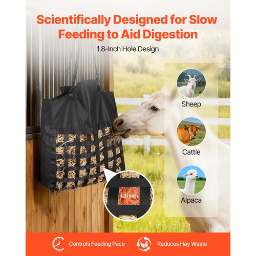 Τσάντα σανού VEVOR για άλογα, 55 x 18,5 x 64 cm, τρύπες 46 x 46 mm, κατασκευή από νάιλον υψηλής ποιότητας με αδιάβροχη επίστρωση PVC, ρυθμιζόμενοι ιμάντες κρέμασης και μεταλλικοί γάντζοι, τσάντα σανού αργής τροφοδοσίας για άλογα