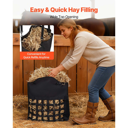 Τσάντα σανού VEVOR για άλογα, 55 x 18,5 x 64 cm, τρύπες 46 x 46 mm, κατασκευή από νάιλον υψηλής ποιότητας με αδιάβροχη επίστρωση PVC, ρυθμιζόμενοι ιμάντες κρέμασης και μεταλλικοί γάντζοι, τσάντα σανού αργής τροφοδοσίας για άλογα