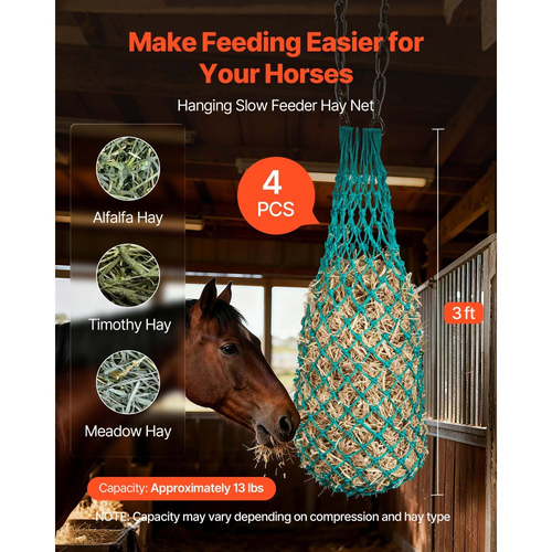 Δίχτυα σανού VEVOR για άλογα, 4 τεμάχια, εκτεταμένο μήκος 0,9 m, τρύπες 38 x 38 mm, υλικό PE, με τέσσερις γάντζους καραμπίνερ, κρεμαστά δίχτυα σανού αργής τροφοδοσίας για άλογα, πρόβατα, βοοειδή, αλπακά και ζώα.