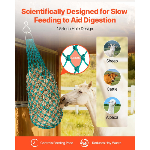 Δίχτυα σανού VEVOR για άλογα, 4 τεμάχια, εκτεταμένο μήκος 0,9 m, τρύπες 38 x 38 mm, υλικό PE, με τέσσερις γάντζους καραμπίνερ, κρεμαστά δίχτυα σανού αργής τροφοδοσίας για άλογα, πρόβατα, βοοειδή, αλπακά και ζώα.