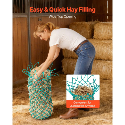 Δίχτυα σανού VEVOR για άλογα, 4 τεμάχια, εκτεταμένο μήκος 0,9 m, τρύπες 38 x 38 mm, υλικό PE, με τέσσερις γάντζους καραμπίνερ, κρεμαστά δίχτυα σανού αργής τροφοδοσίας για άλογα, πρόβατα, βοοειδή, αλπακά και ζώα.