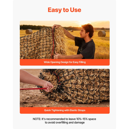 Δίχτυ σανού στρογγυλής μπάλας VEVOR, 1,5 x 1,5 x 1,5 m, τρύπες 44,45 x 44,45 mm, υλικό PE, ενισχυμένος σχεδιασμός με κόμπους, με φερμουάρ, μεταφορά βελόνας και σπάγκο επισκευής, δίχτυ στρογγυλής μπάλας αργής τροφοδοσίας για άλογα