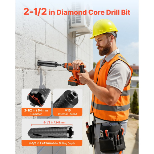 Τρυπάνι VEVOR Core, Διάμετρος 64 mm, Βάθος τρυπήματος 241 mm, Εσωτερικό σπείρωμα M16, Διαμαντένιο τρυπάνι ξηρής διάτρησης με 3 προσαρμογείς, Πιλοτικό τρυπάνι και Εξαγωνικό κλειδί, για οπλισμένο σκυρόδεμα, κόκκινα τούβλα και τοιχοποιία