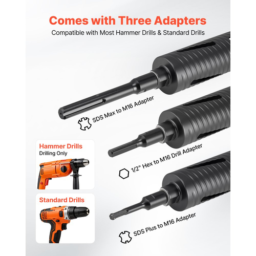 Τρυπάνι VEVOR Core, Διάμετρος 64 mm, Βάθος τρυπήματος 241 mm, Εσωτερικό σπείρωμα M16, Διαμαντένιο τρυπάνι ξηρής διάτρησης με 3 προσαρμογείς, Πιλοτικό τρυπάνι και Εξαγωνικό κλειδί, για οπλισμένο σκυρόδεμα, κόκκινα τούβλα και τοιχοποιία