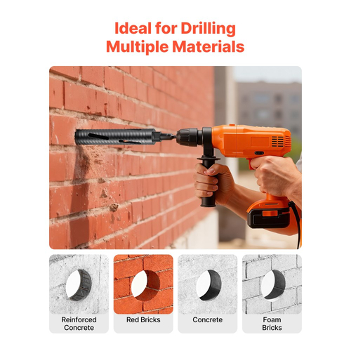 Τρυπάνι VEVOR Core, Διάμετρος 51 mm, Βάθος τρυπήματος 241 mm, Εσωτερικό σπείρωμα M16, Διαμαντένιο τρυπάνι ξηρής διάτρησης με 3 προσαρμογείς, Πιλοτικό τρυπάνι και Εξαγωνικό κλειδί, για οπλισμένο σκυρόδεμα, κόκκινα τούβλα και τοιχοποιία
