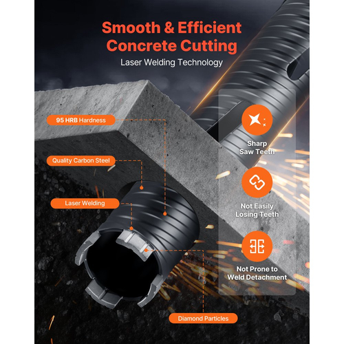 Τρυπάνι VEVOR Core, Διάμετρος 51 mm, Βάθος τρυπήματος 241 mm, Εσωτερικό σπείρωμα M16, Διαμαντένιο τρυπάνι ξηρής διάτρησης με 3 προσαρμογείς, Πιλοτικό τρυπάνι και Εξαγωνικό κλειδί, για οπλισμένο σκυρόδεμα, κόκκινα τούβλα και τοιχοποιία