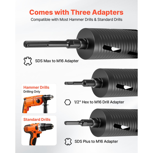 Τρυπάνι VEVOR με πυρήνα, διάμετρος 102 mm, βάθος τρυπήματος 241 mm, εσωτερικό σπείρωμα M16, διαμαντένιο τρυπάνι ξηρής διάτρησης με 3 προσαρμογείς, τρυπάνι πιλότου και εξαγωνικό κλειδί, για οπλισμένο σκυρόδεμα, κόκκινα τούβλα και τοιχοποιία