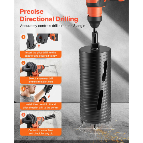 Τρυπάνι VEVOR με πυρήνα, διάμετρος 102 mm, βάθος τρυπήματος 241 mm, εσωτερικό σπείρωμα M16, διαμαντένιο τρυπάνι ξηρής διάτρησης με 3 προσαρμογείς, τρυπάνι πιλότου και εξαγωνικό κλειδί, για οπλισμένο σκυρόδεμα, κόκκινα τούβλα και τοιχοποιία