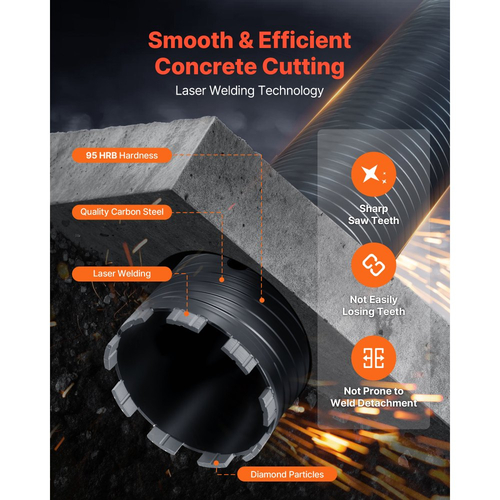 Τρυπάνι VEVOR με πυρήνα, διάμετρος 102 mm, βάθος τρυπήματος 241 mm, εσωτερικό σπείρωμα M16, διαμαντένιο τρυπάνι ξηρής διάτρησης με 3 προσαρμογείς, τρυπάνι πιλότου και εξαγωνικό κλειδί, για οπλισμένο σκυρόδεμα, κόκκινα τούβλα και τοιχοποιία