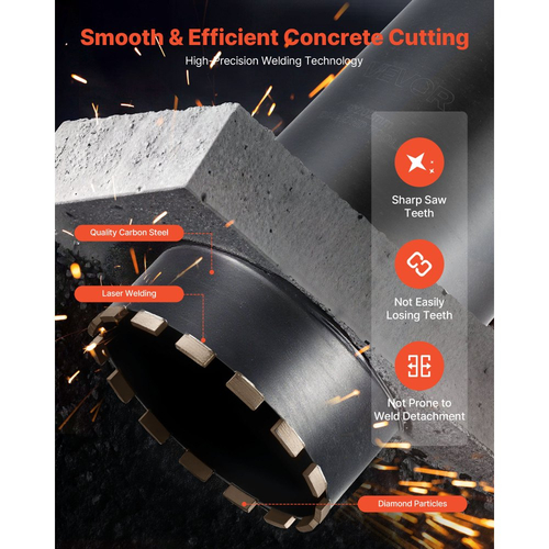 Τρυπάνι με πυρήνα VEVOR, διάμετρος 203 mm, βάθος τρυπήματος 356 mm, εσωτερικό σπείρωμα 1-1/4 in-7, τεχνολογία συγκόλλησης υψηλής ακρίβειας, τρυπάνι με πυρήνα υγρού διαμαντιού για οπλισμένο σκυρόδεμα, κόκκινα τούβλα και τοιχοποιία