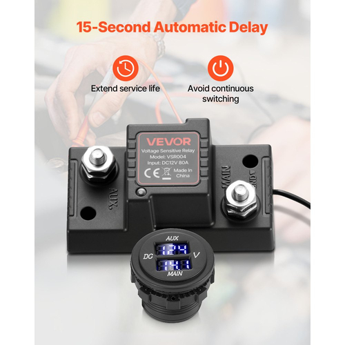 Κιτ διπλής απομόνωσης μπαταρίας VEVOR, 12V 80 Amp, χειροκίνητο και αυτόματο ρελέ VSR ευαίσθητο στην τάση με βολτόμετρο, οθόνη LCD, έξυπνος απομονωτής μπαταρίας, συμβατό με μπαταρίες μολύβδου-οξέος, για UTV, ATV