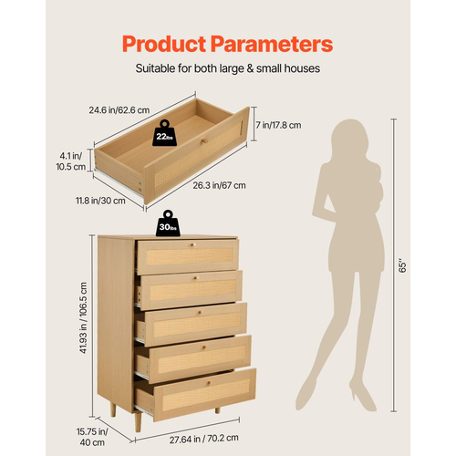 Συρταριέρα VEVOR με 5 συρτάρια από ρατάν, Μοντέρνα συρταριέρα με ντουλάπα για υπνοδωμάτιο, Συρταριέρα από φυσικό ρατάν με μεταλλικές λαβές και ξύλινα πόδια, Οργάνωση ρούχων και αποθήκευση για υπνοδωμάτιο, σαλόνι, διάδρομο
