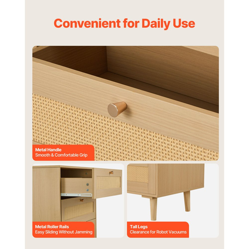 Συρταριέρα VEVOR με 5 συρτάρια από ρατάν, Μοντέρνα συρταριέρα με ντουλάπα για υπνοδωμάτιο, Συρταριέρα από φυσικό ρατάν με μεταλλικές λαβές και ξύλινα πόδια, Οργάνωση ρούχων και αποθήκευση για υπνοδωμάτιο, σαλόνι, διάδρομο