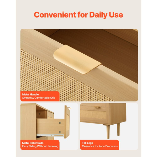 Συρταριέρα VEVOR με 3 συρτάρια από ρατάν, Μοντέρνα συρταριέρα με ντουλάπα για υπνοδωμάτιο, Συρταριέρα από φυσικό ρατάν με μεταλλικές λαβές και ξύλινα πόδια, Οργάνωση ρούχων και αποθήκευση για υπνοδωμάτιο, σαλόνι, διάδρομο