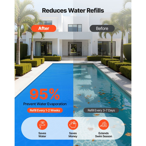 Κάλυμμα πισίνας VEVOR Solar, ορθογώνιο κάλυμμα πισίνας με φυσαλίδες 10,97 x 4,88m, ηλιακή κουβέρτα πισίνας 12 Mil με υλικό φυσαλίδων και PE, απορρόφηση θερμότητας ημέρας, διατήρηση θερμότητας νύχτας, ηλιακά καλύμματα διατήρησης θερμότητας, μπλε