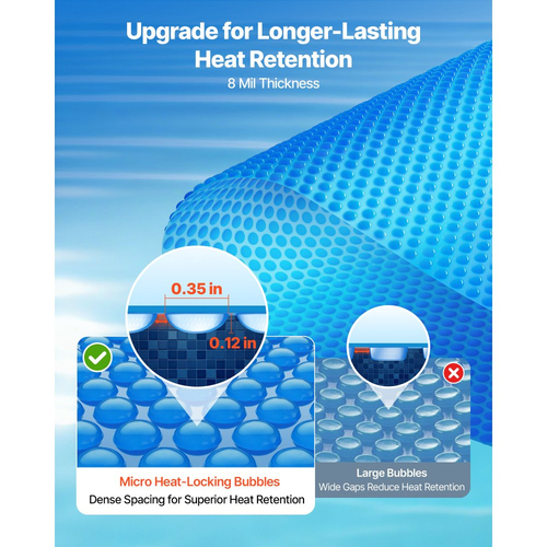 Κάλυμμα πισίνας VEVOR Solar, ορθογώνιο κάλυμμα πισίνας με φυσαλίδες 10,97 x 5,49 m, ηλιακή κουβέρτα πισίνας 8 Mil με υλικό φυσαλίδων και PE, απορρόφηση θερμότητας ημέρας, διατήρηση θερμότητας νύχτας, ηλιακά καλύμματα διατήρησης θερμότητας, μπλε