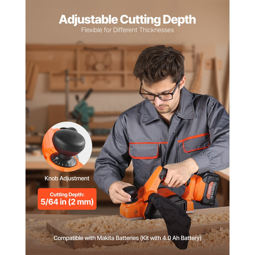 Ασύρματη πλάνη χειρός VEVOR, πλάτος κοπής 82 mm, ηλεκτρική πλάνη χειρός ξύλου 15000 σ.α.λ. με μπαταρία λιθίου 4 Ah 18V, κινητήρα χωρίς ψήκτρες, ρυθμιζόμενο βάθος κοπής, σακούλα συλλογής σκόνης, για ξυλουργική