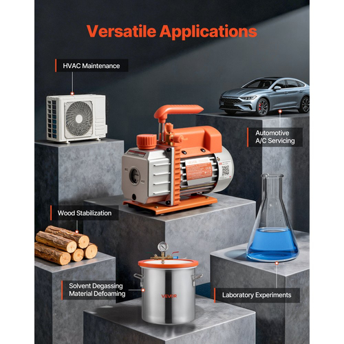 Αντλία κενού VEVOR, 3,5 CFM 99 L/min, Μονοβάθμια αντλία κενού AC με περιστροφικό πτερύγιο HVAC, για συστήματα R134a R22 R410a, 4πολικός κινητήρας, για συντήρηση κλιματιστικών αυτοκινήτων, απαέρωση ρητίνης, περιλαμβάνεται λάδι