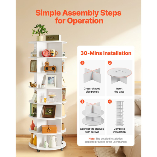 VEVOR 7 Επίπεδη Περιστρεφόμενη Ράφι Παπουτσιών με Ρόδες, Κινητό Καρουζέλ 360°, Ράφι Ντουλάπας Lazy Susan Organizer για Σαλόνι, Είσοδος, Λευκό