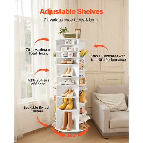 VEVOR 7 επιπέδων περιστρεφόμενος πύργος παπουτσιών με ρυθμιζόμενα ράφια, κινητή οθόνη καρουζέλ 360° με ρόδες, ντουλάπα οργάνωσης Lazy Susan για υπνοδωμάτιο, σαλόνι, είσοδο, ντουλάπα, λευκό